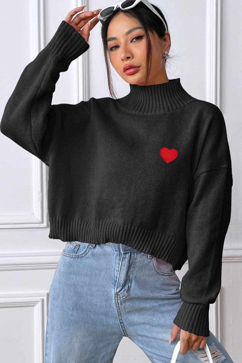 Trendsi Heart Turtleneck Sweater Women's Fall/Winter Fashion Knit Top - Cozy & Stylish