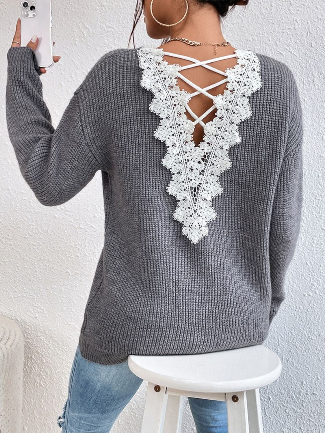 Trendsi Lace crisscross v-neck sweater