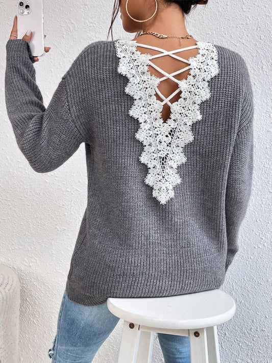 Trendsi Lace crisscross v-neck sweater