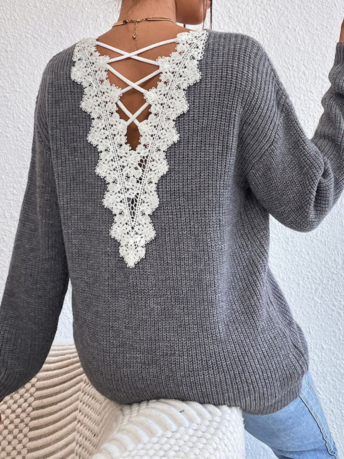 Trendsi Lace crisscross v-neck sweater