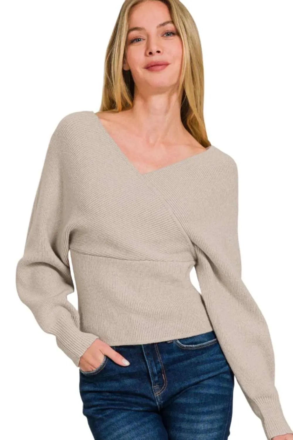 Sweater - Ribbed Cross Wrap - Cozy Knit Top