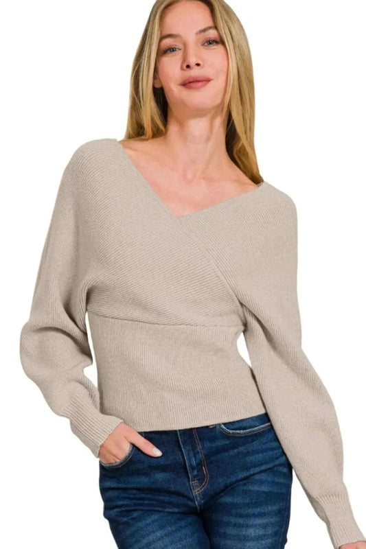 Sweater - Ribbed Cross Wrap - Cozy Knit Top