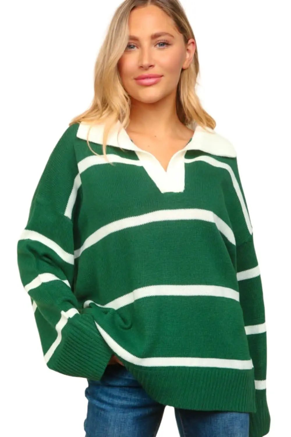 Trendsi Haptics Striped Sweater Women's Elegant Wardrobe Collared Neck Contrast Sweater