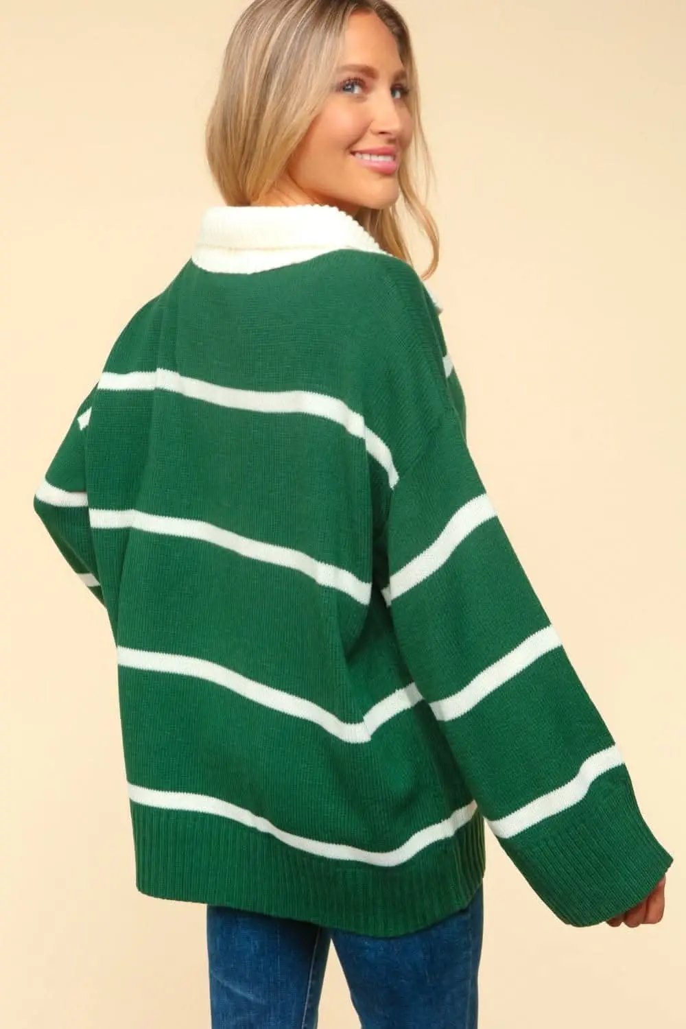 Trendsi Haptics Striped Sweater Women's Elegant Wardrobe Collared Neck Contrast Sweater