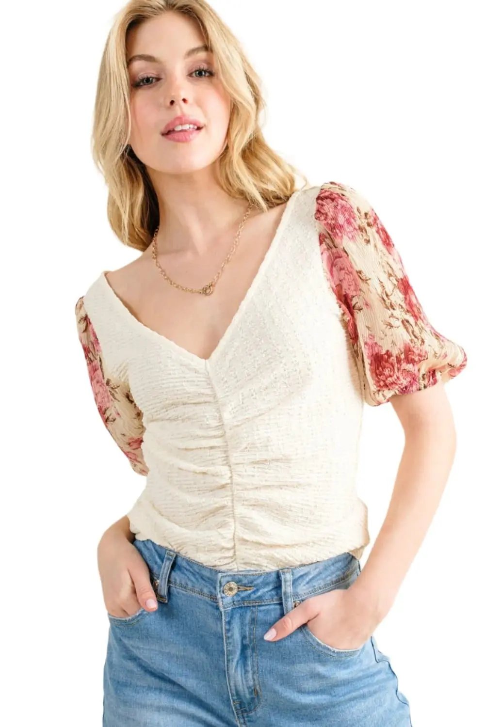 Trendsi Floral print textured sleeve top