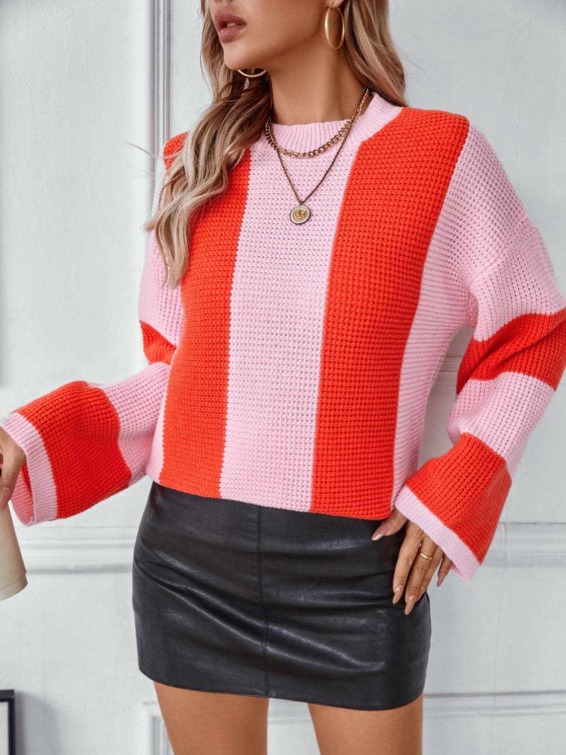 Trendsi Color block knit sweater - round neck
