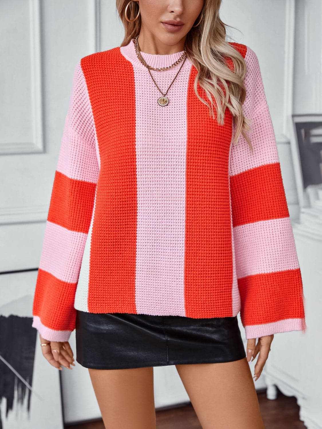 Trendsi Color block knit sweater - round neck