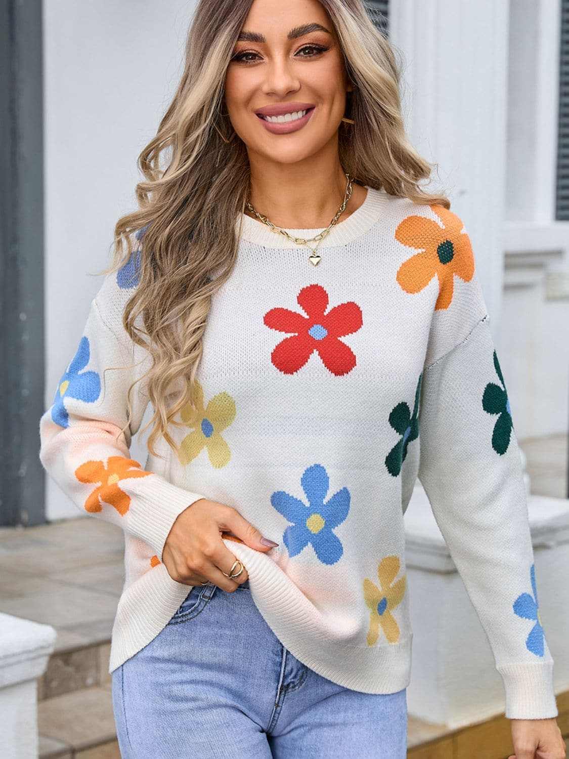 Trendsi Floral Knit Sweater - Long Sleeve