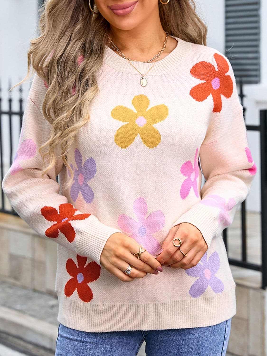 Trendsi Floral Knit Sweater - Long Sleeve