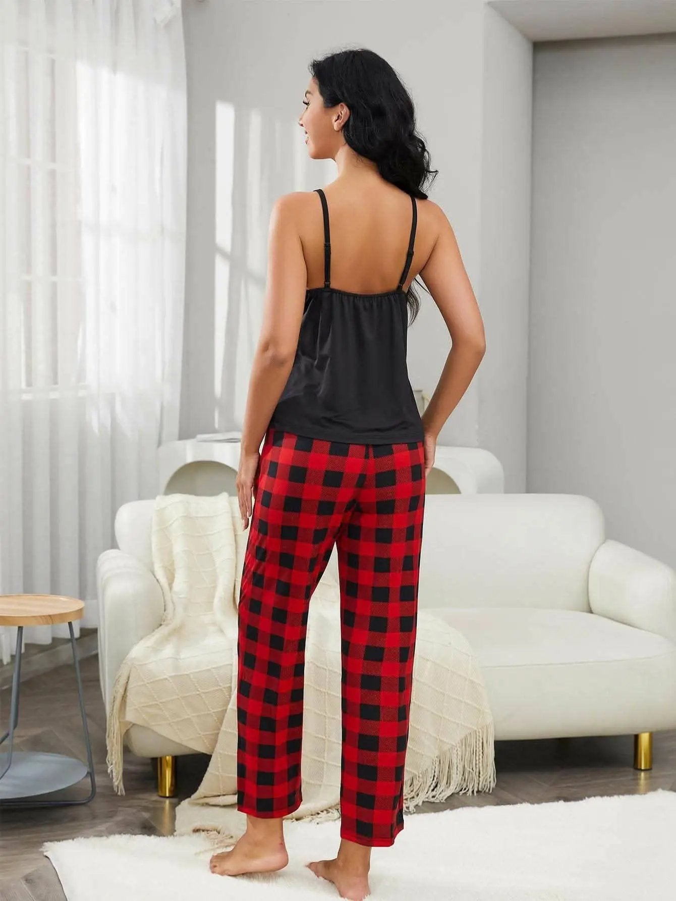 Lounge Set - Lace Cami & Plaid Pants - Chic Comfort