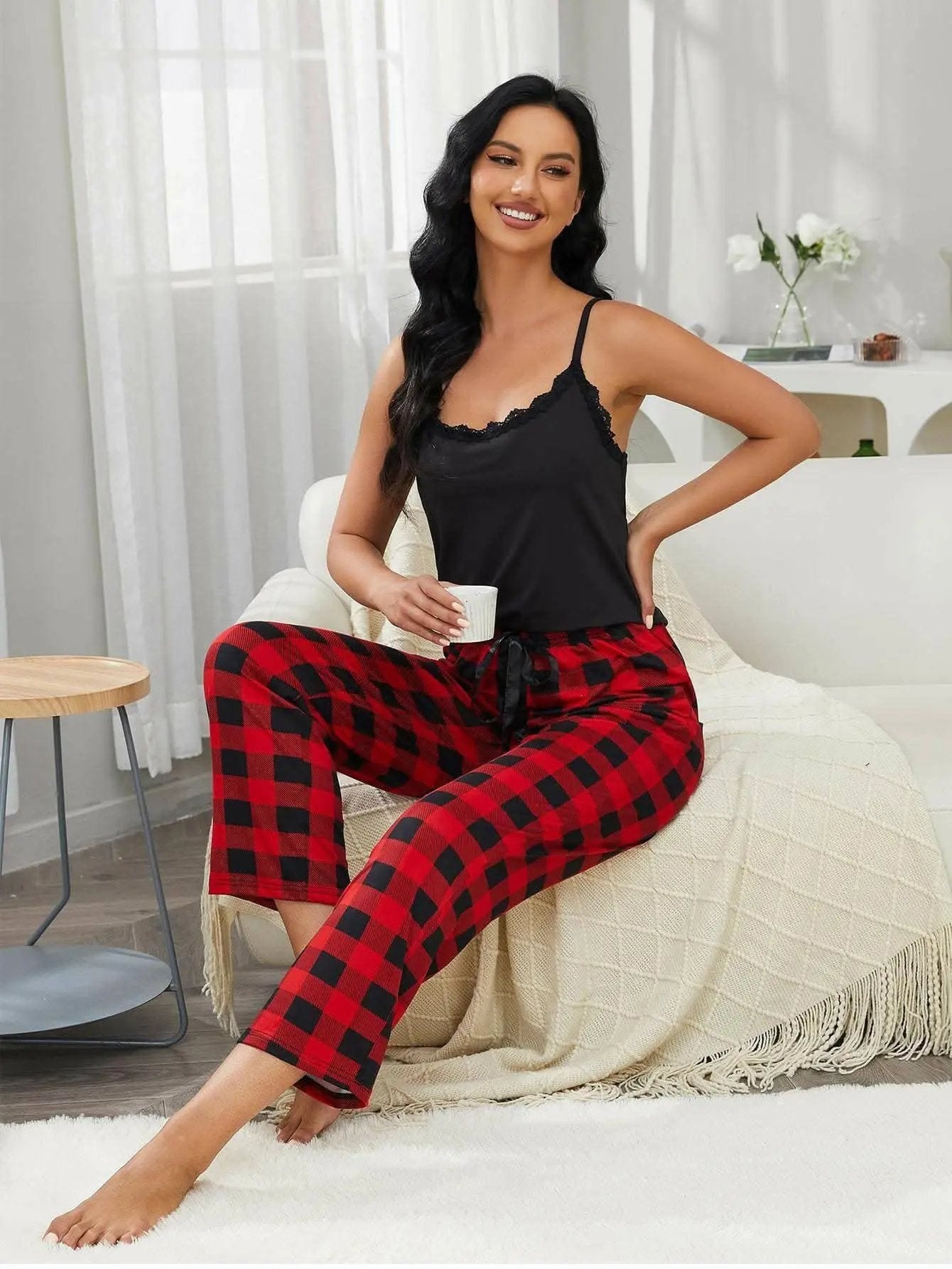 Lounge Set - Lace Cami & Plaid Pants - Chic Comfort