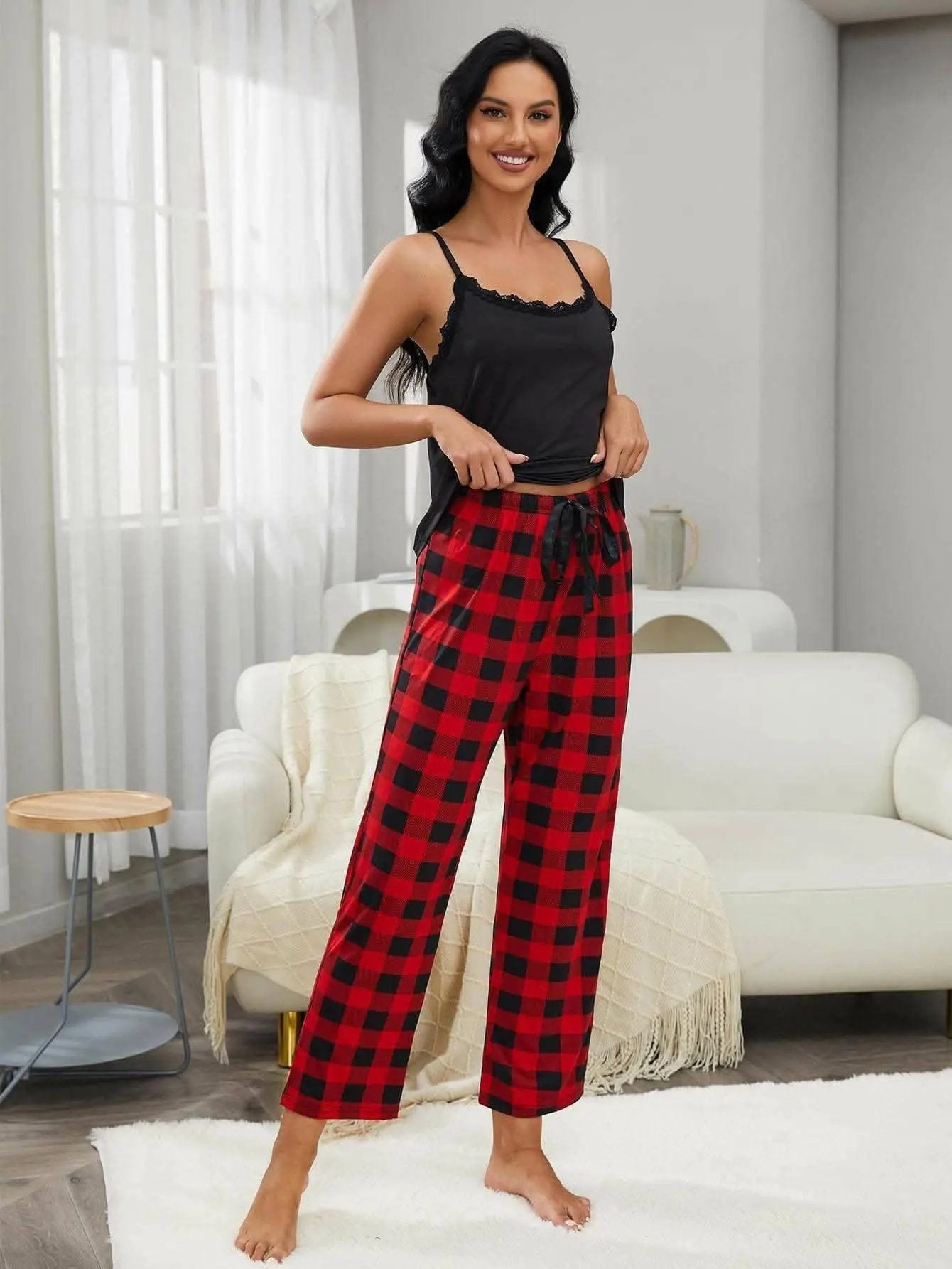 Lounge Set - Lace Cami & Plaid Pants - Chic Comfort
