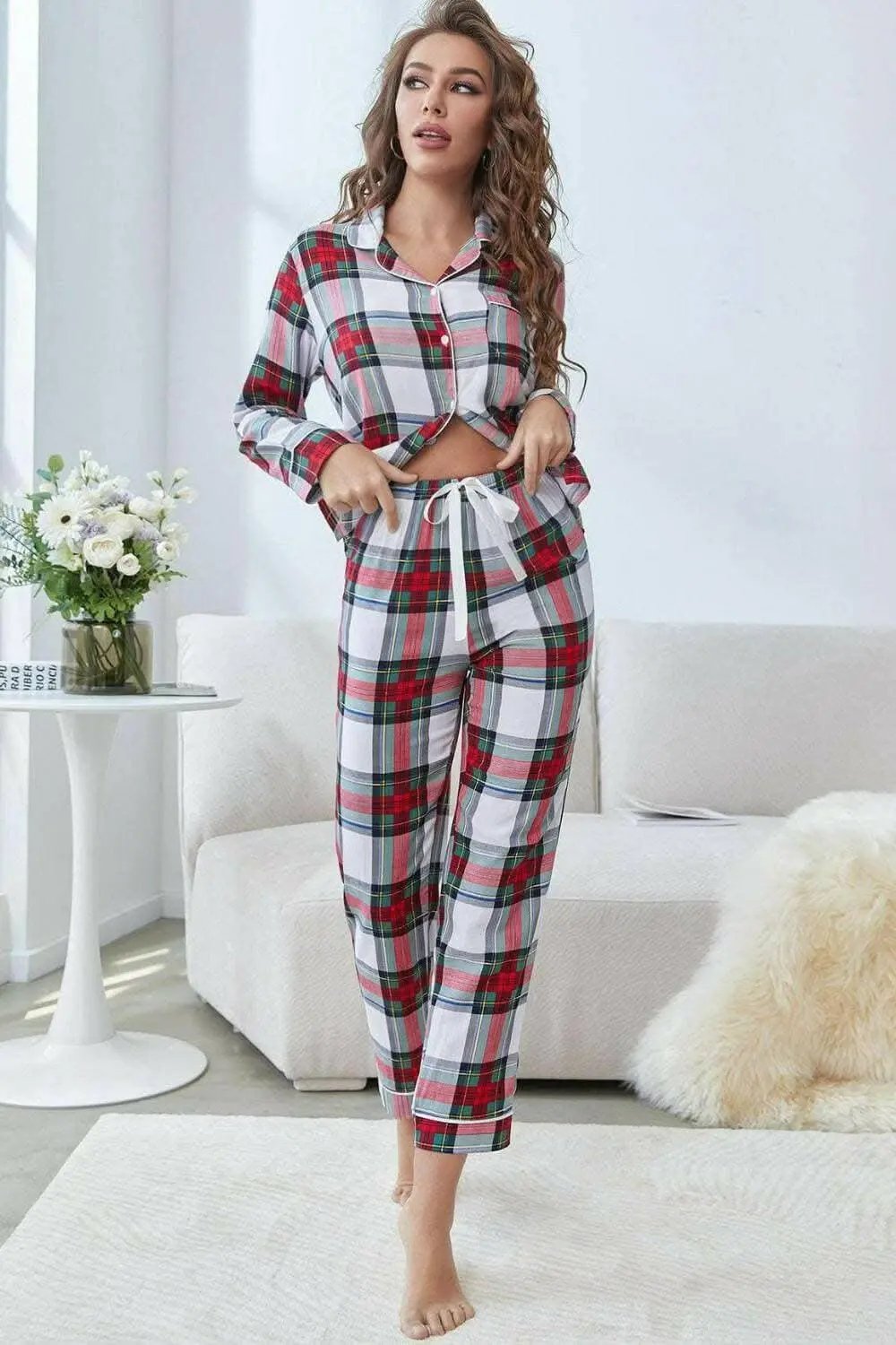 Lounge Set - Plaid Button-Up Top & Cropped Pants - Chic Comfort