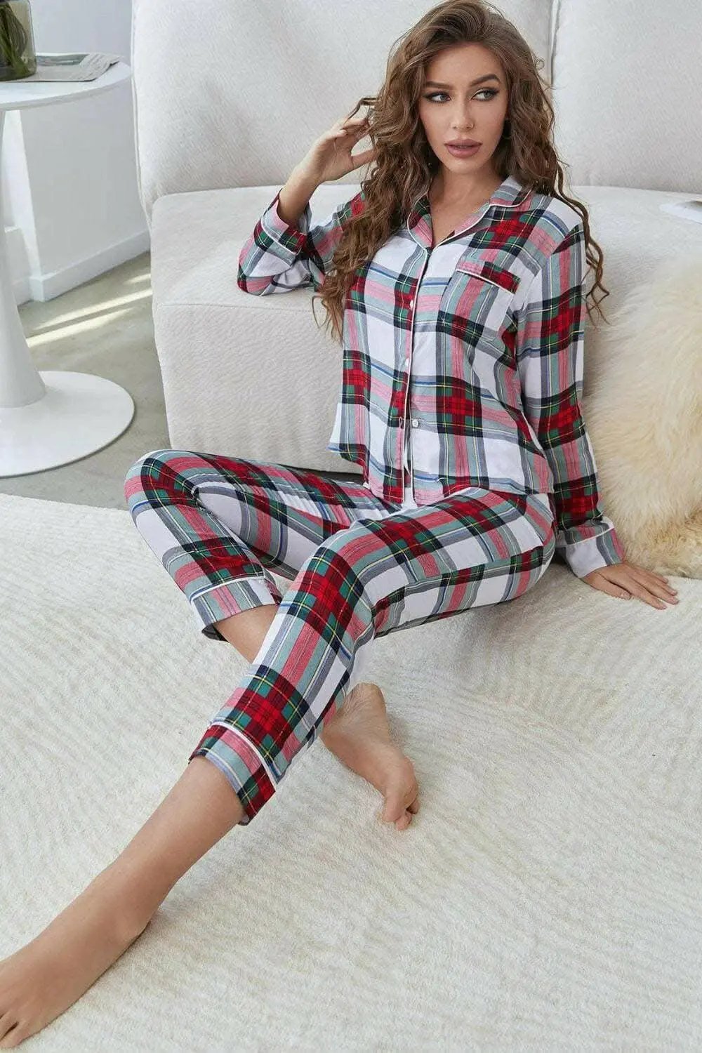 Lounge Set - Plaid Button-Up Top & Cropped Pants - Chic Comfort