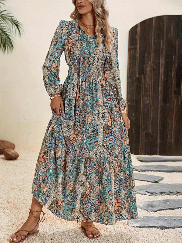 Maxi Dress - Floral Tie-Neck - Elegant Style
