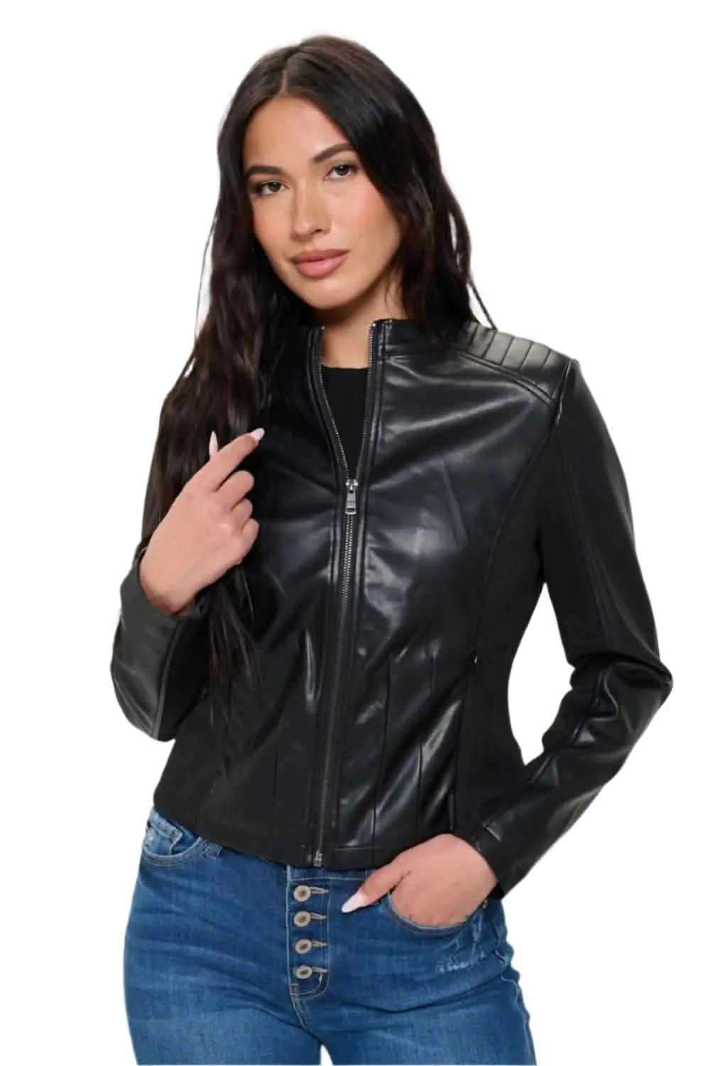 Trendsi Chic vegan leather zip-up moto jacket