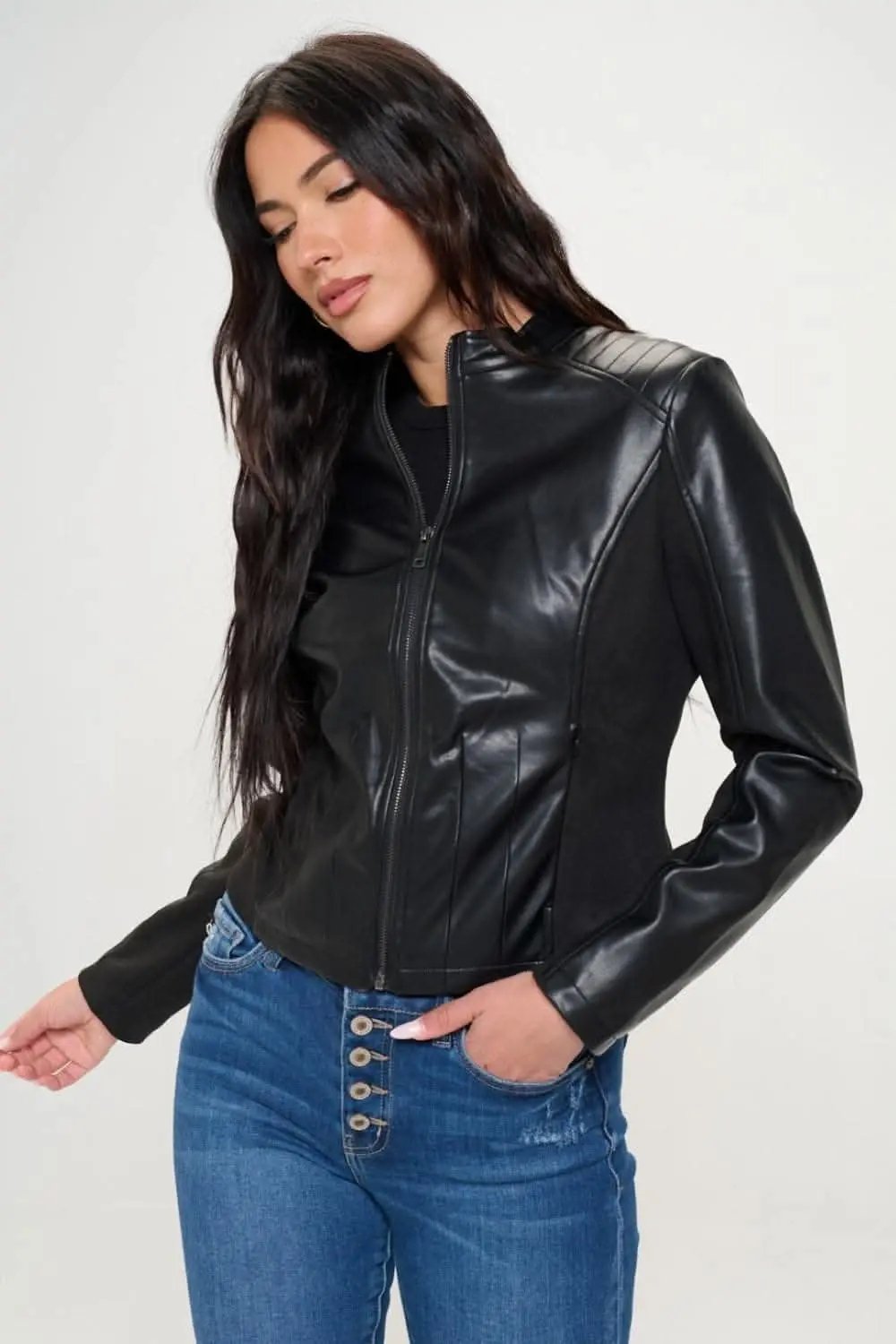 Trendsi Chic vegan leather zip-up moto jacket