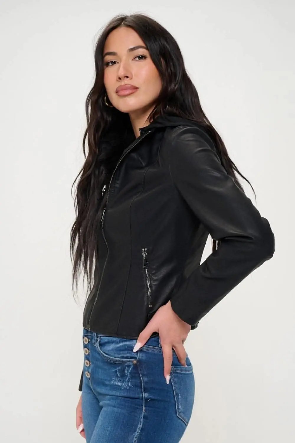 Trendsi Vegan leather hooded jacket by Coalition LA