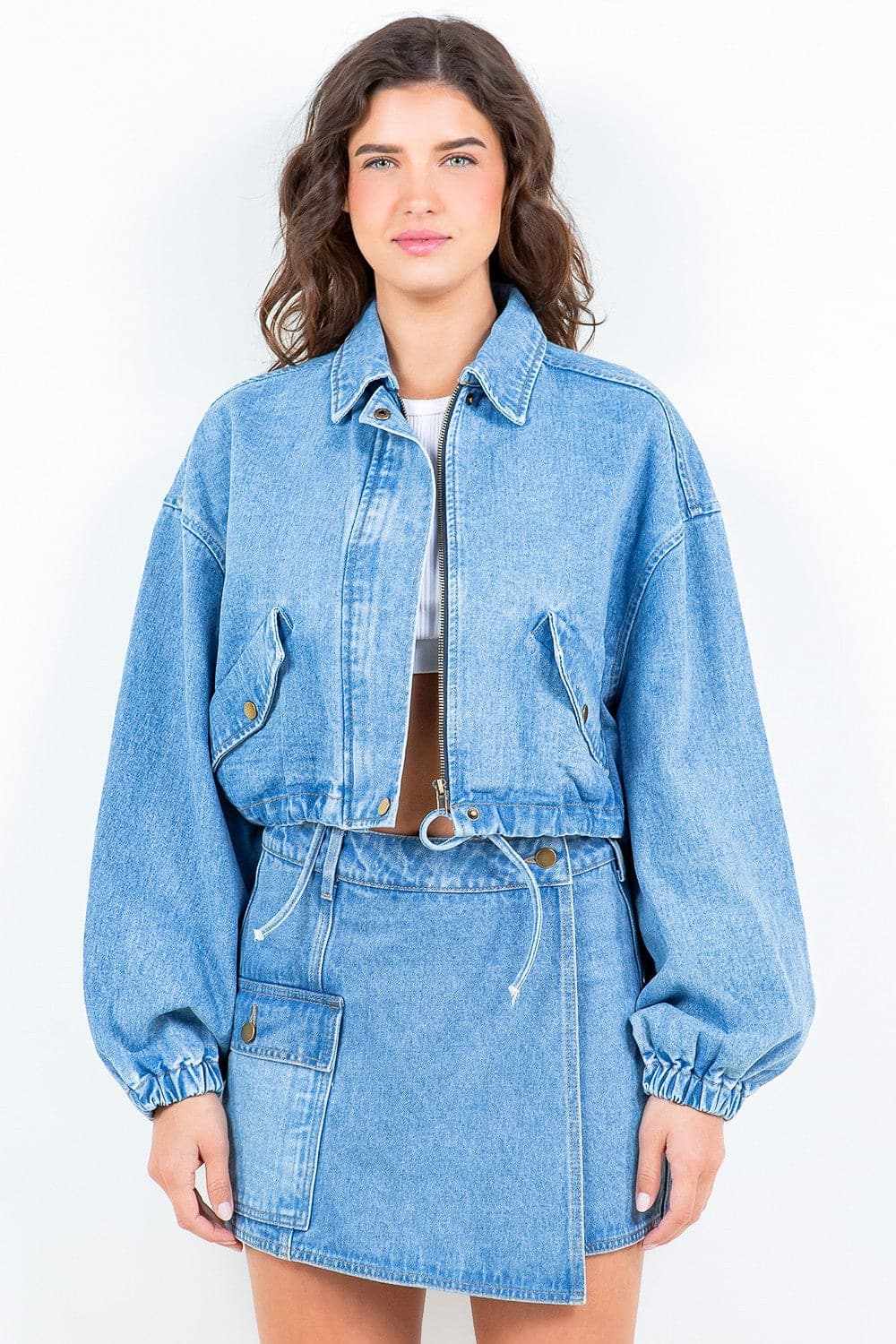Cropped Denim Jacket - Drawstring Waist - Casual Style