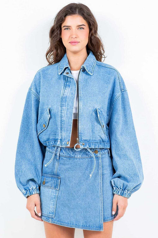 Cropped Denim Jacket - Drawstring Waist - Casual Style