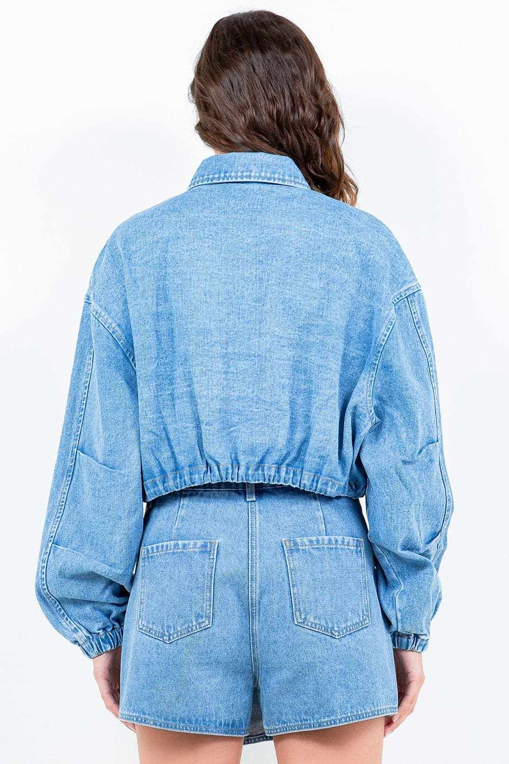 Cropped Denim Jacket - Drawstring Waist - Casual Style