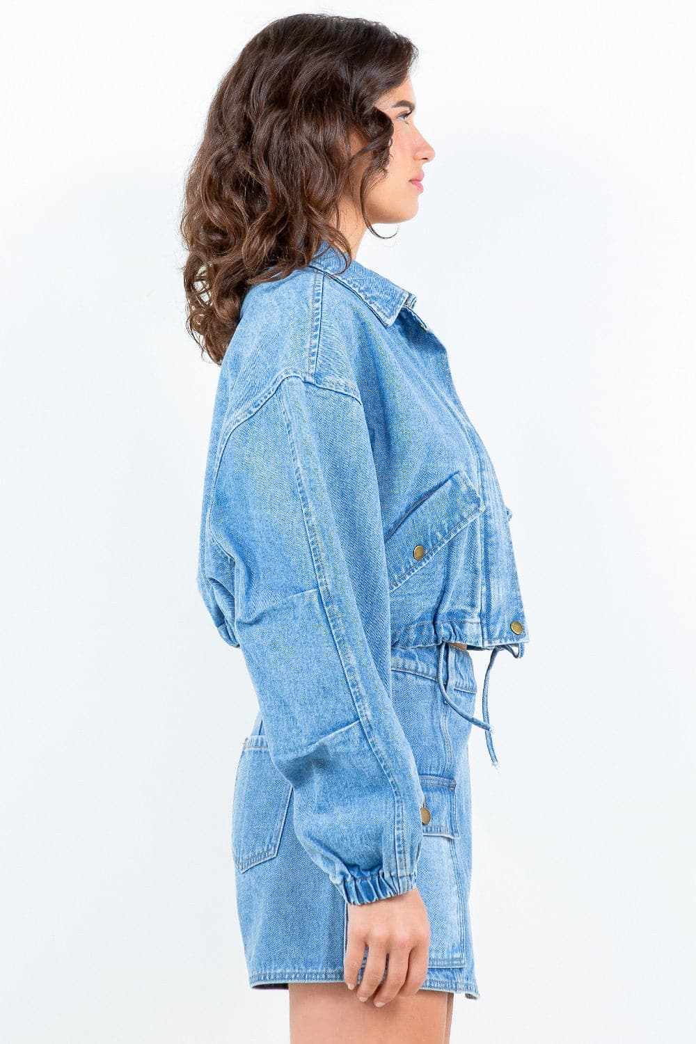 Cropped Denim Jacket - Drawstring Waist - Casual Style