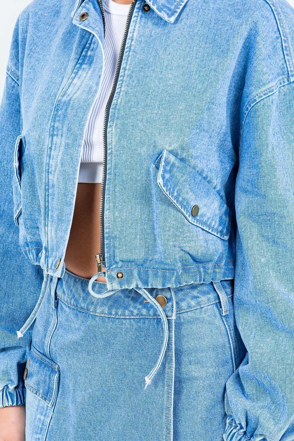 Cropped Denim Jacket - Drawstring Waist - Casual Style