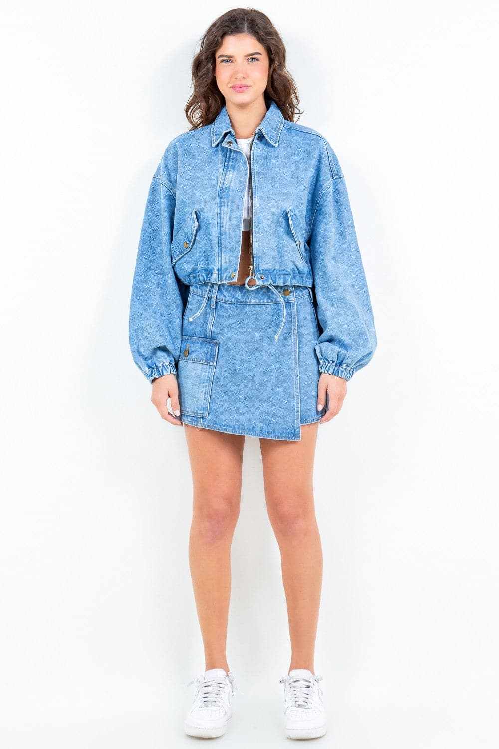 Cropped Denim Jacket - Drawstring Waist - Casual Style