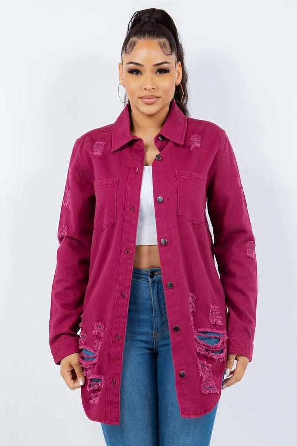 Trendsi Distressed denim long sleeve jacket