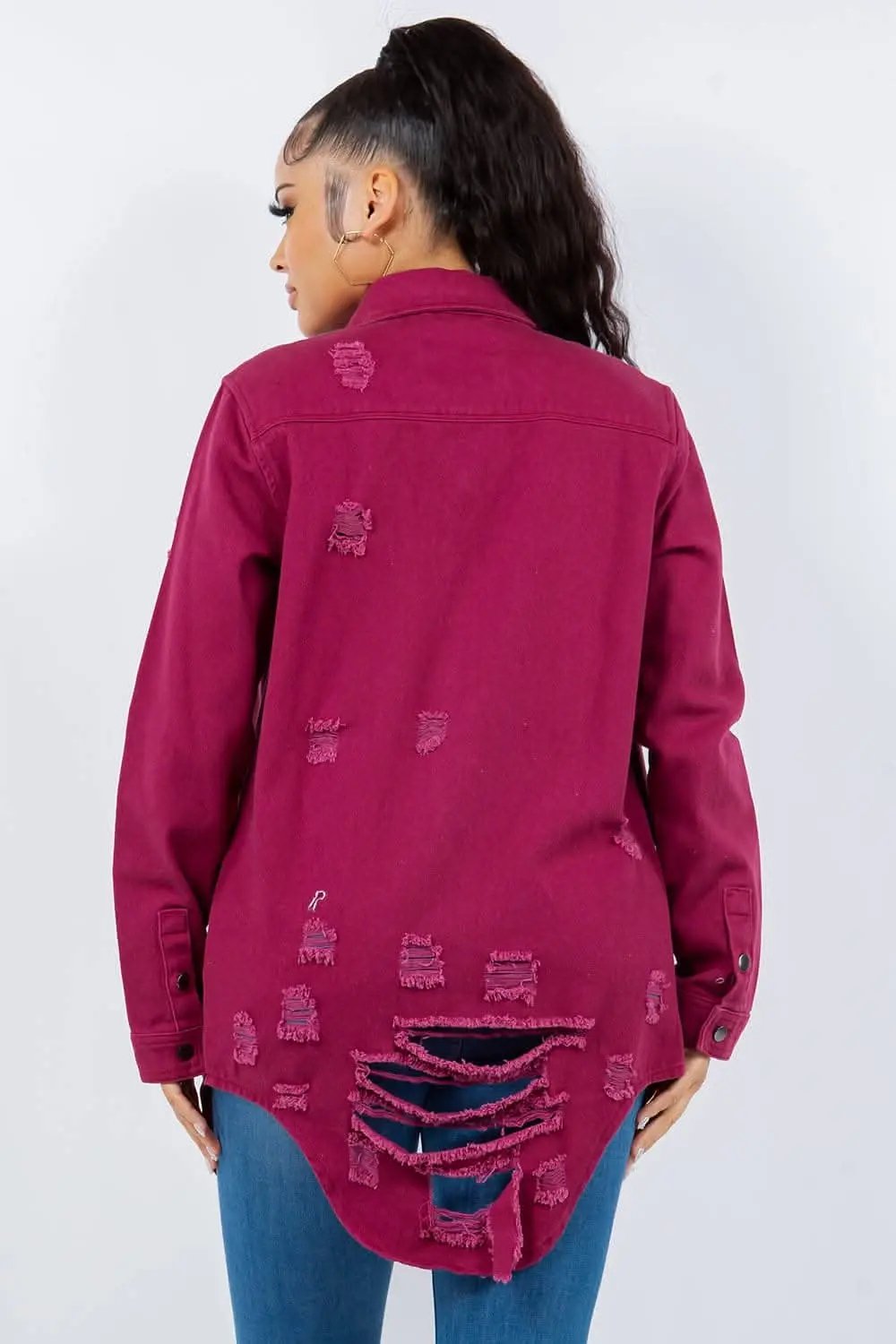 Trendsi Distressed denim long sleeve jacket