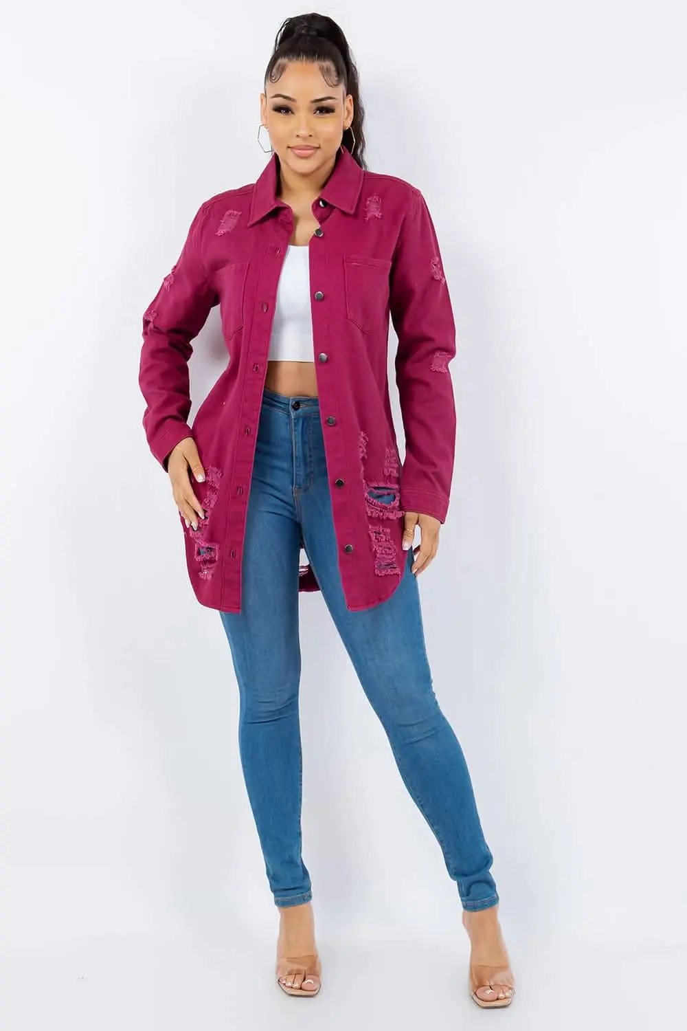 Trendsi Distressed denim long sleeve jacket