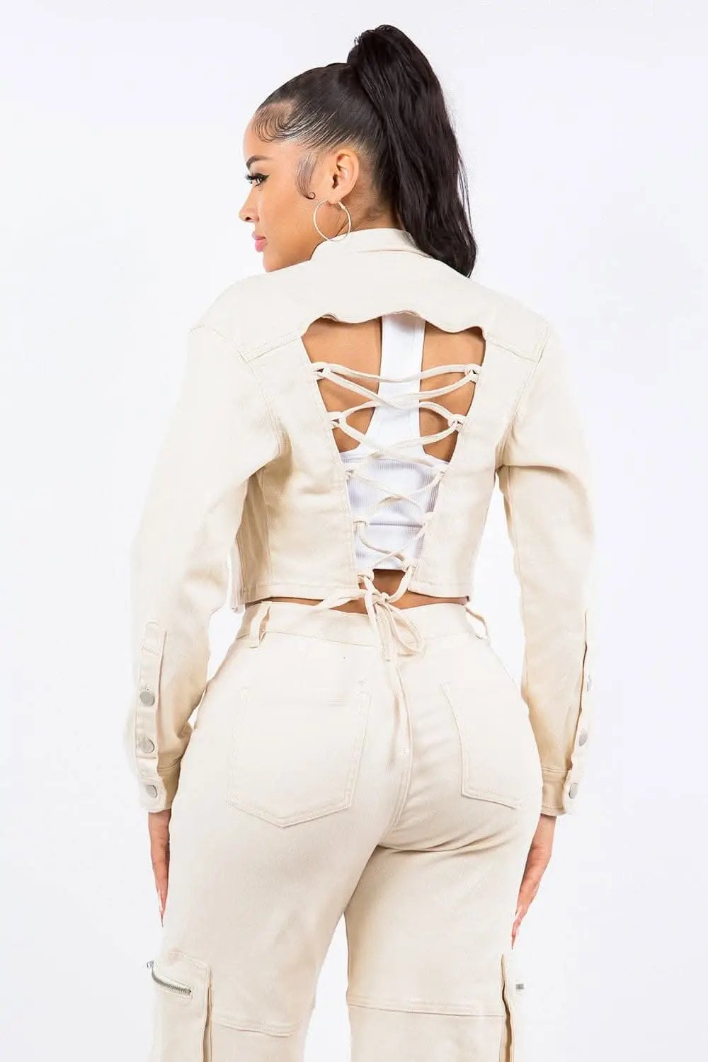 Trendsi Cropped lace-up jacket with button front