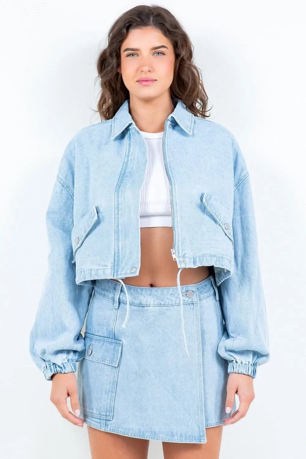 Trendsi Cropped denim jacket with drawstring