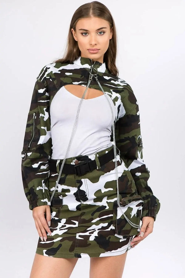 Trendsi Edgy camo cropped jacket with chains