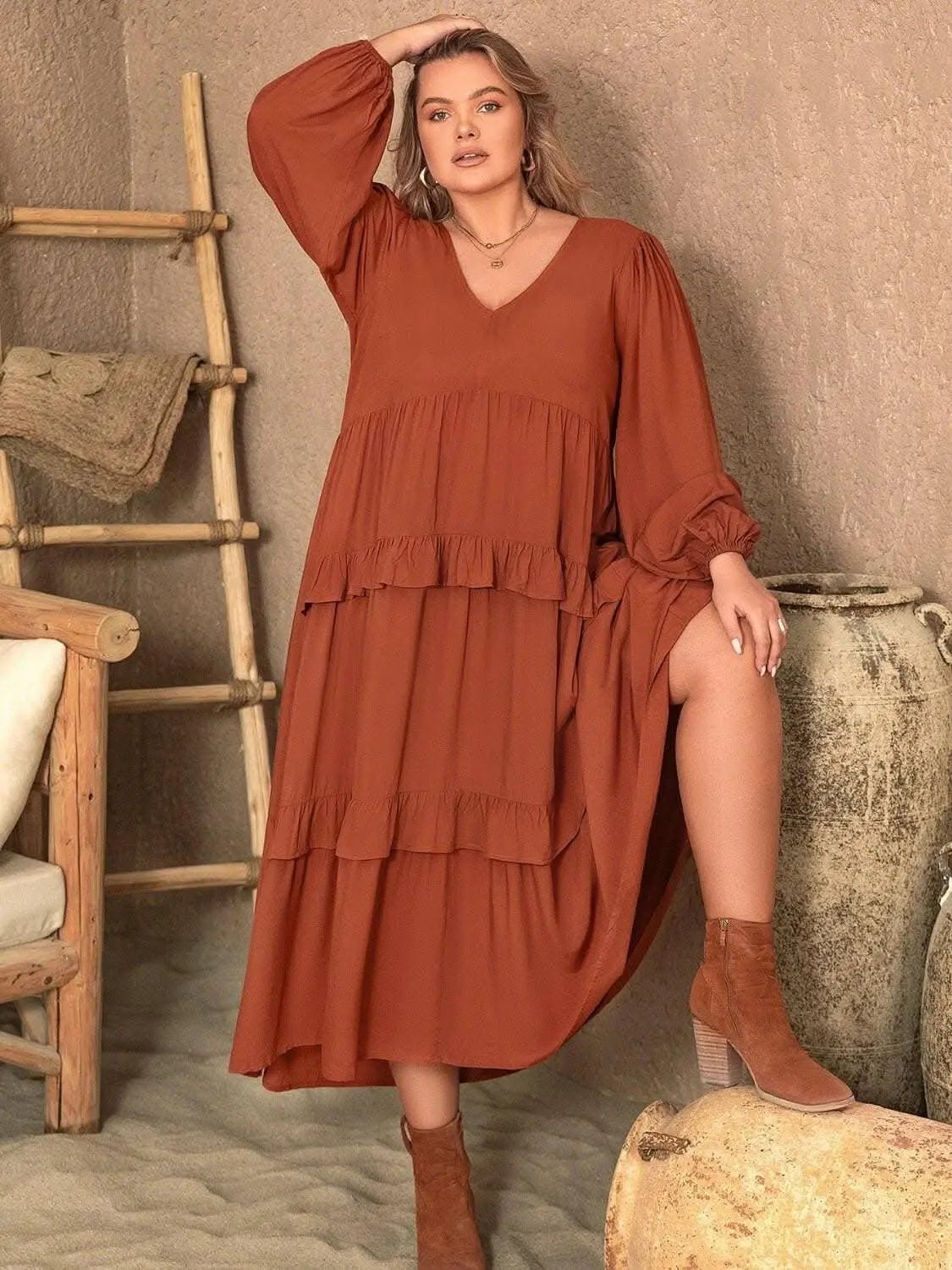 Dress - Ruffled V-Neck Balloon Sleeve - Curvy Fit