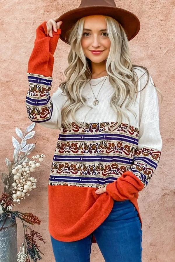 Trendsi Ethnic print color block top - Premium Quality