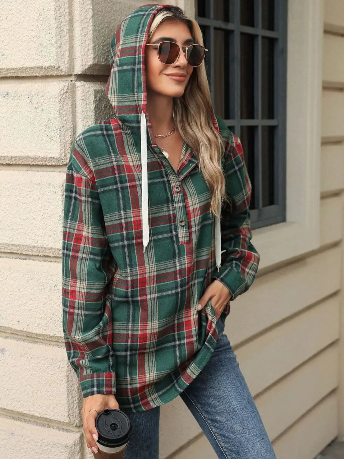Trendsi Plaid Hooded Long Sleeve Shirt