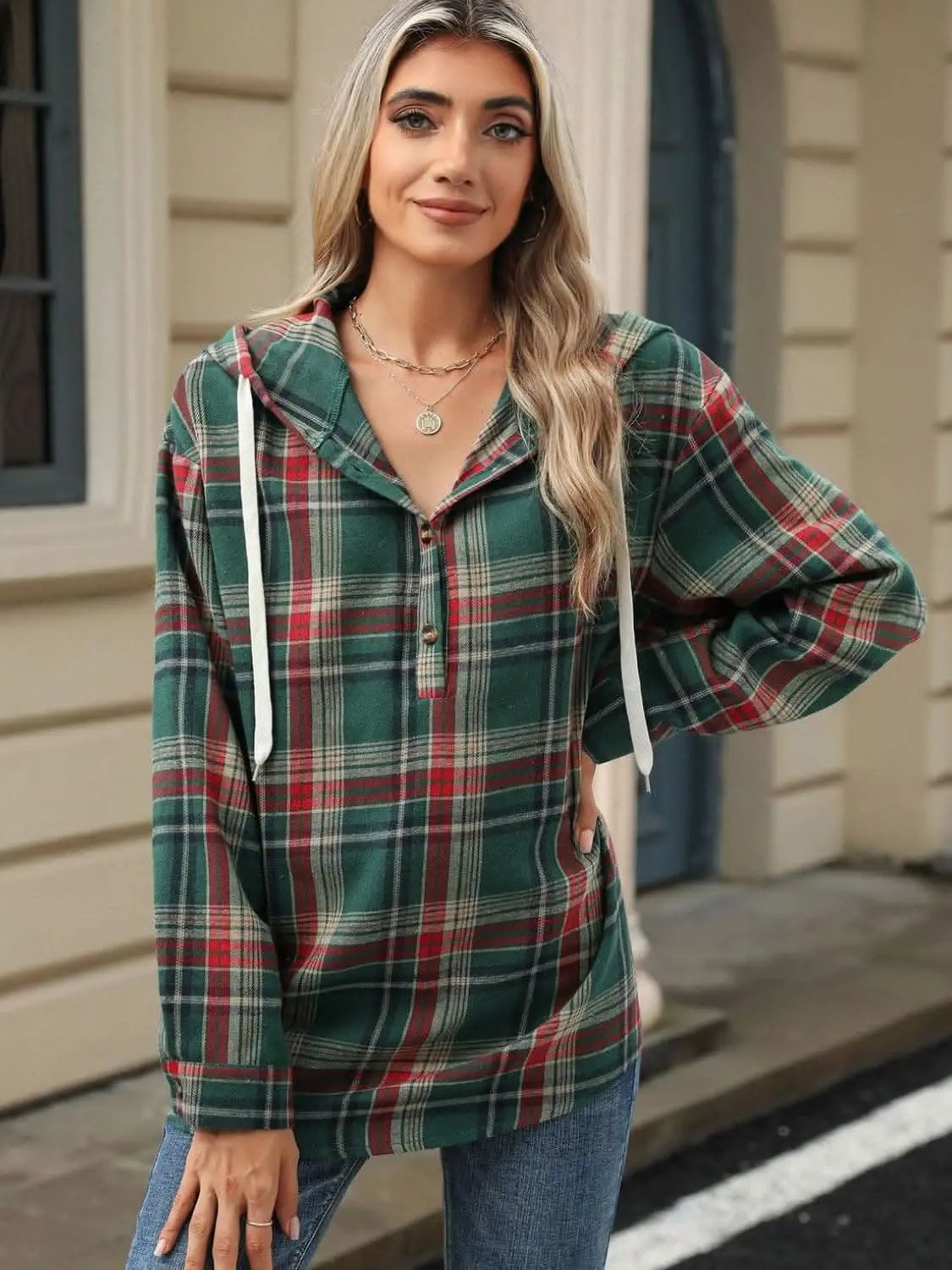 Trendsi Plaid Hooded Long Sleeve Shirt