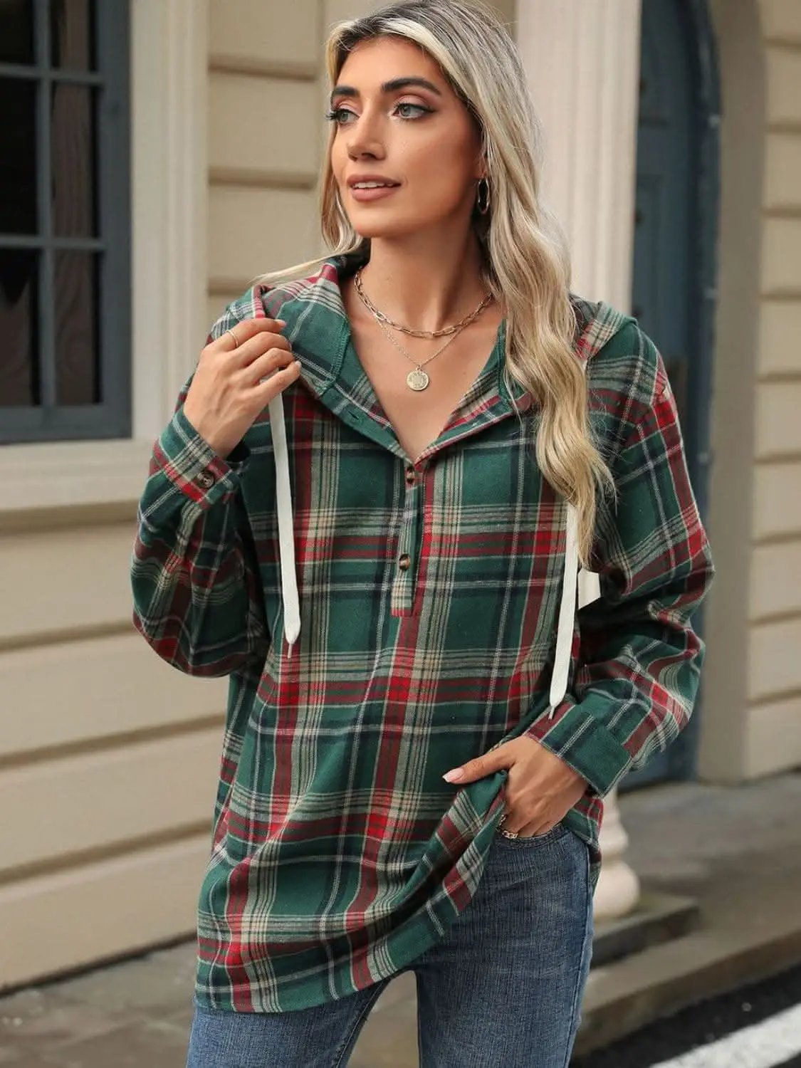 Trendsi Plaid Hooded Long Sleeve Shirt