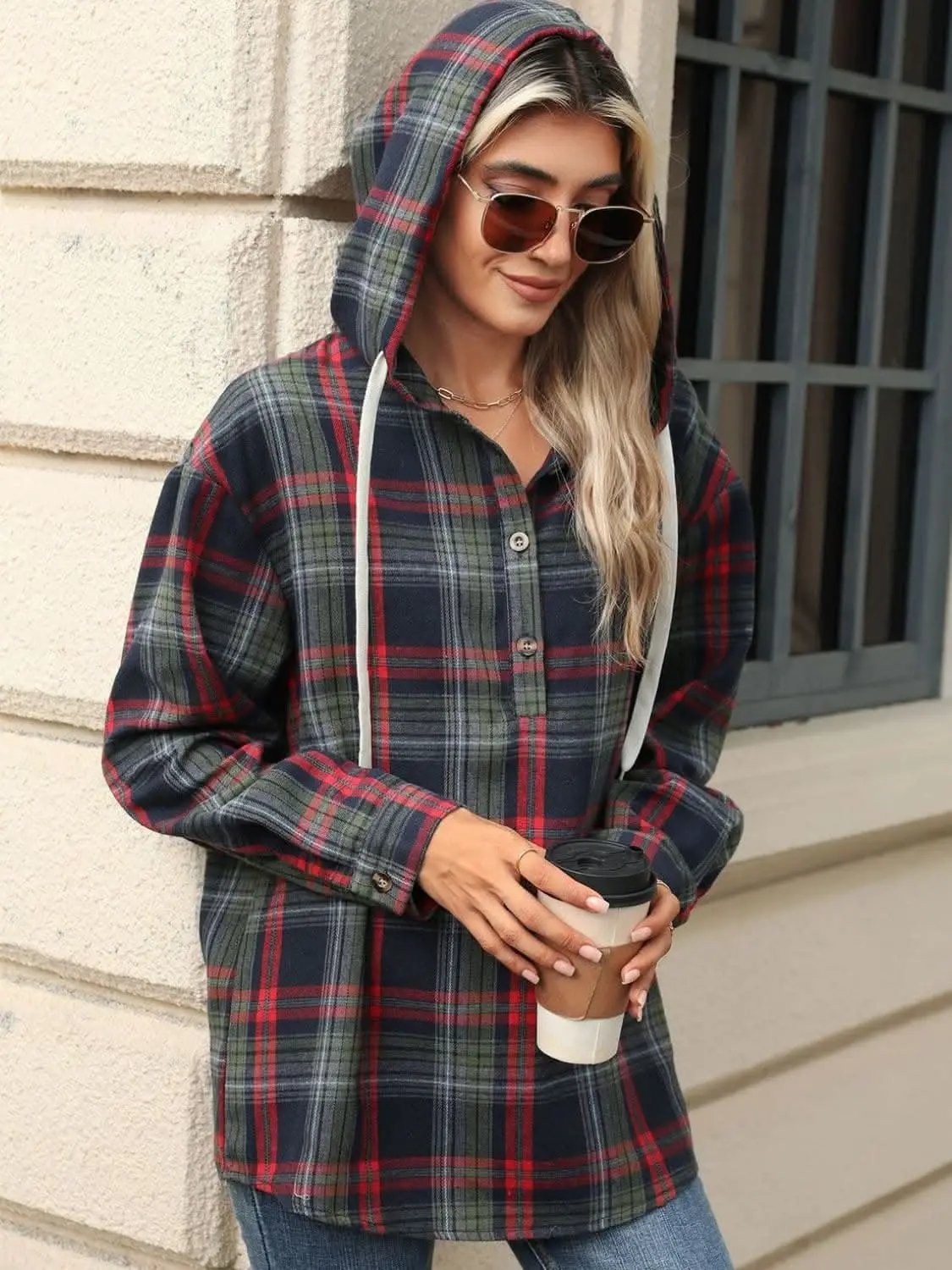Trendsi Plaid Hooded Long Sleeve Shirt
