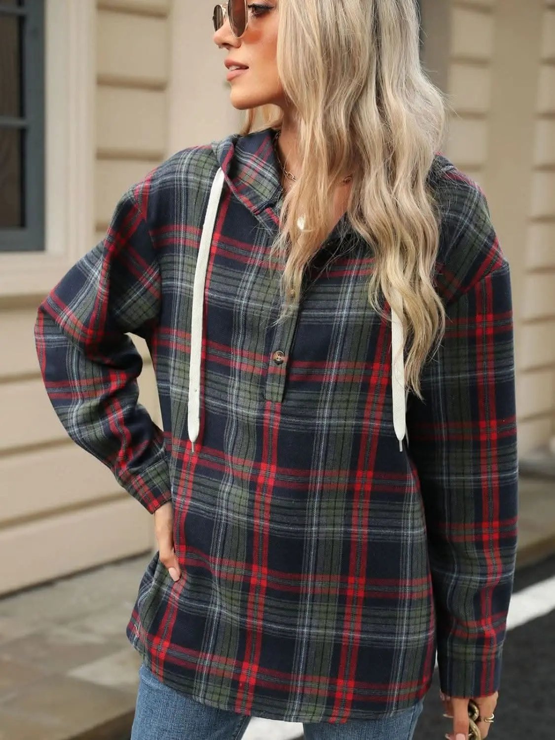 Trendsi Plaid Hooded Long Sleeve Shirt