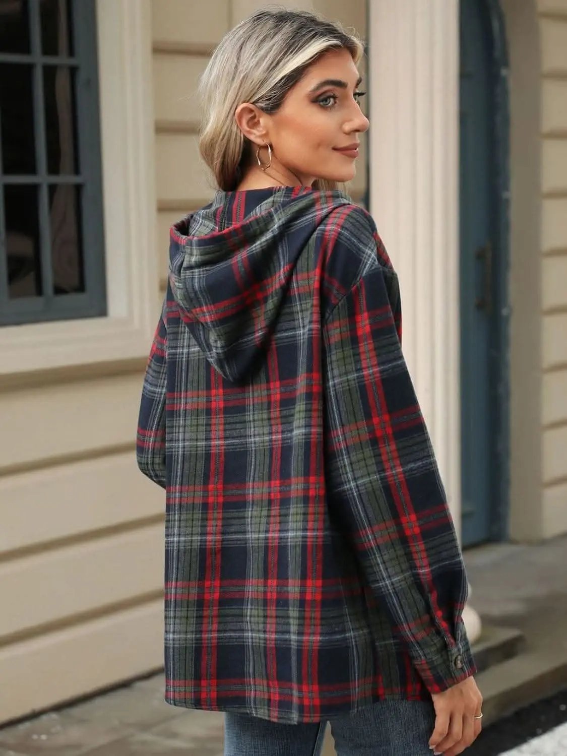 Trendsi Plaid Hooded Long Sleeve Shirt