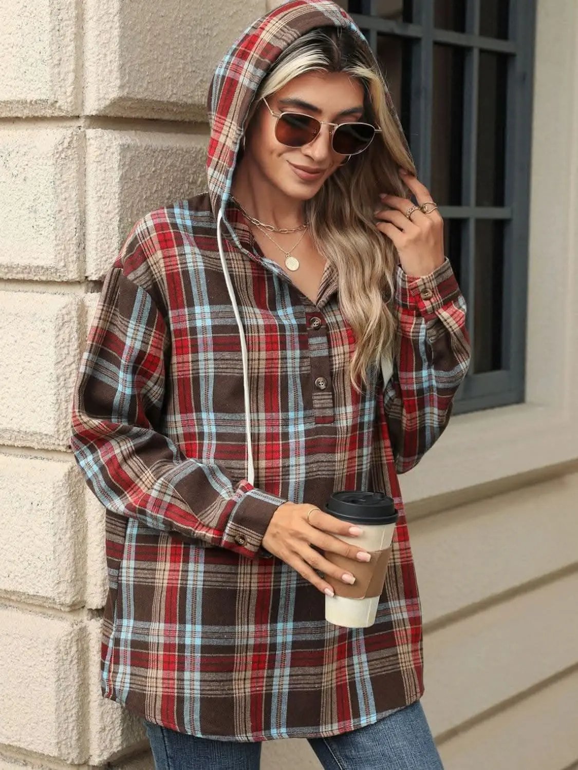 Trendsi Plaid Hooded Long Sleeve Shirt