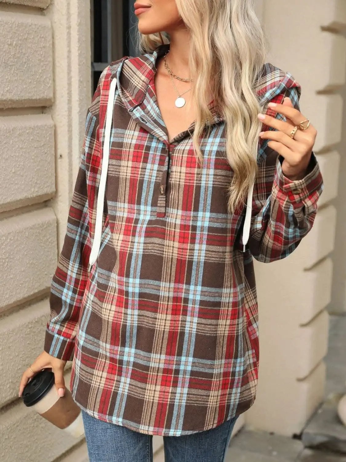 Trendsi Plaid Hooded Long Sleeve Shirt