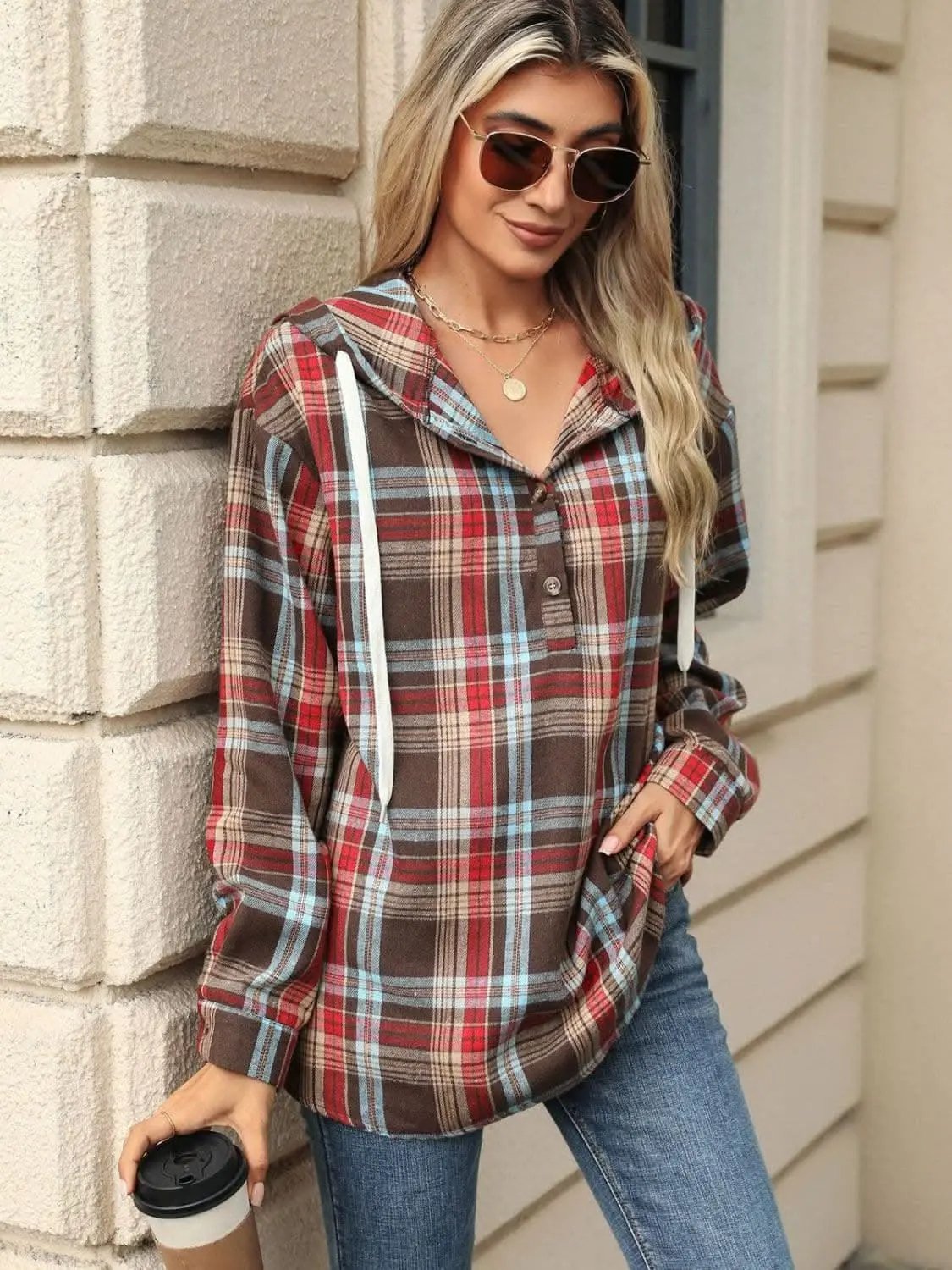 Trendsi Plaid Hooded Long Sleeve Shirt