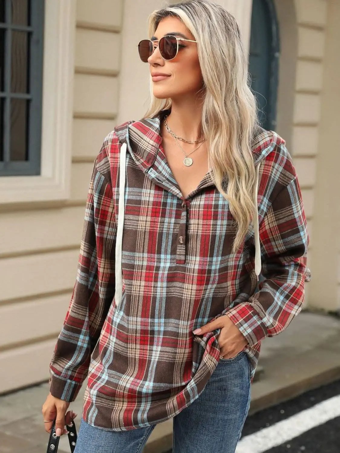 Trendsi Plaid Hooded Long Sleeve Shirt