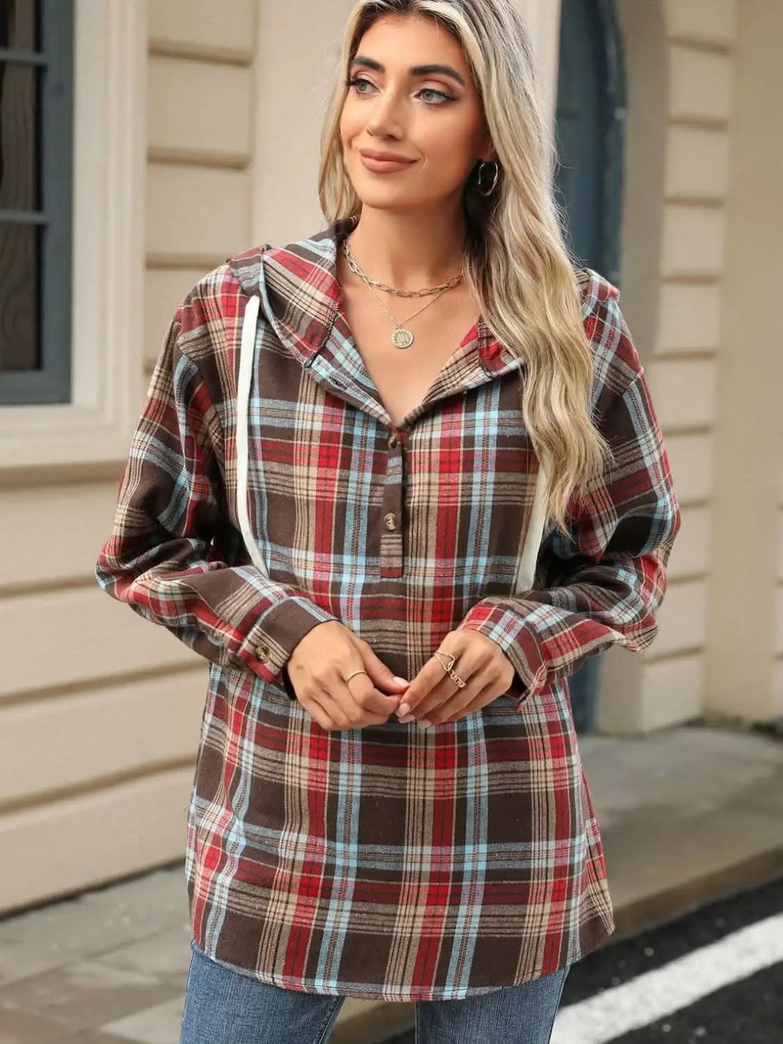 Trendsi Plaid Hooded Long Sleeve Shirt