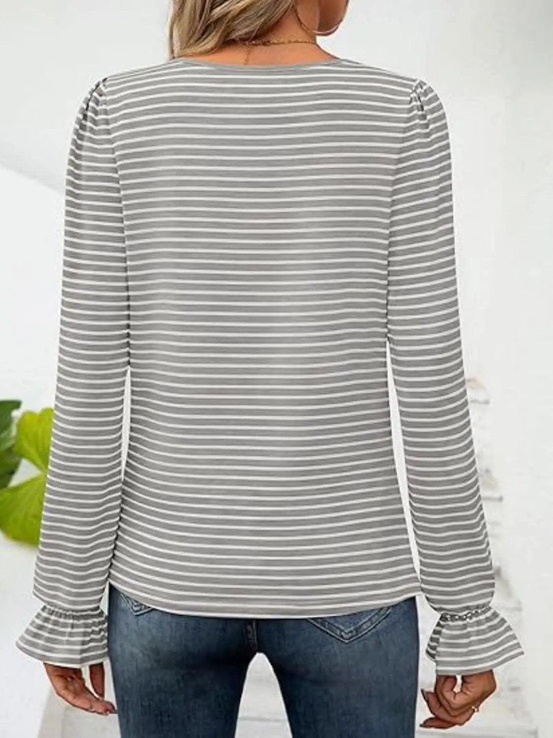 Top - Striped Flounce Sleeve - Chic Style