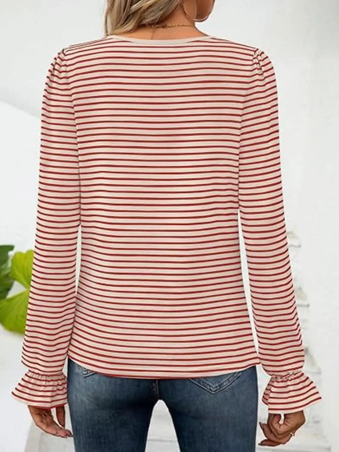 Top - Striped Flounce Sleeve - Chic Style