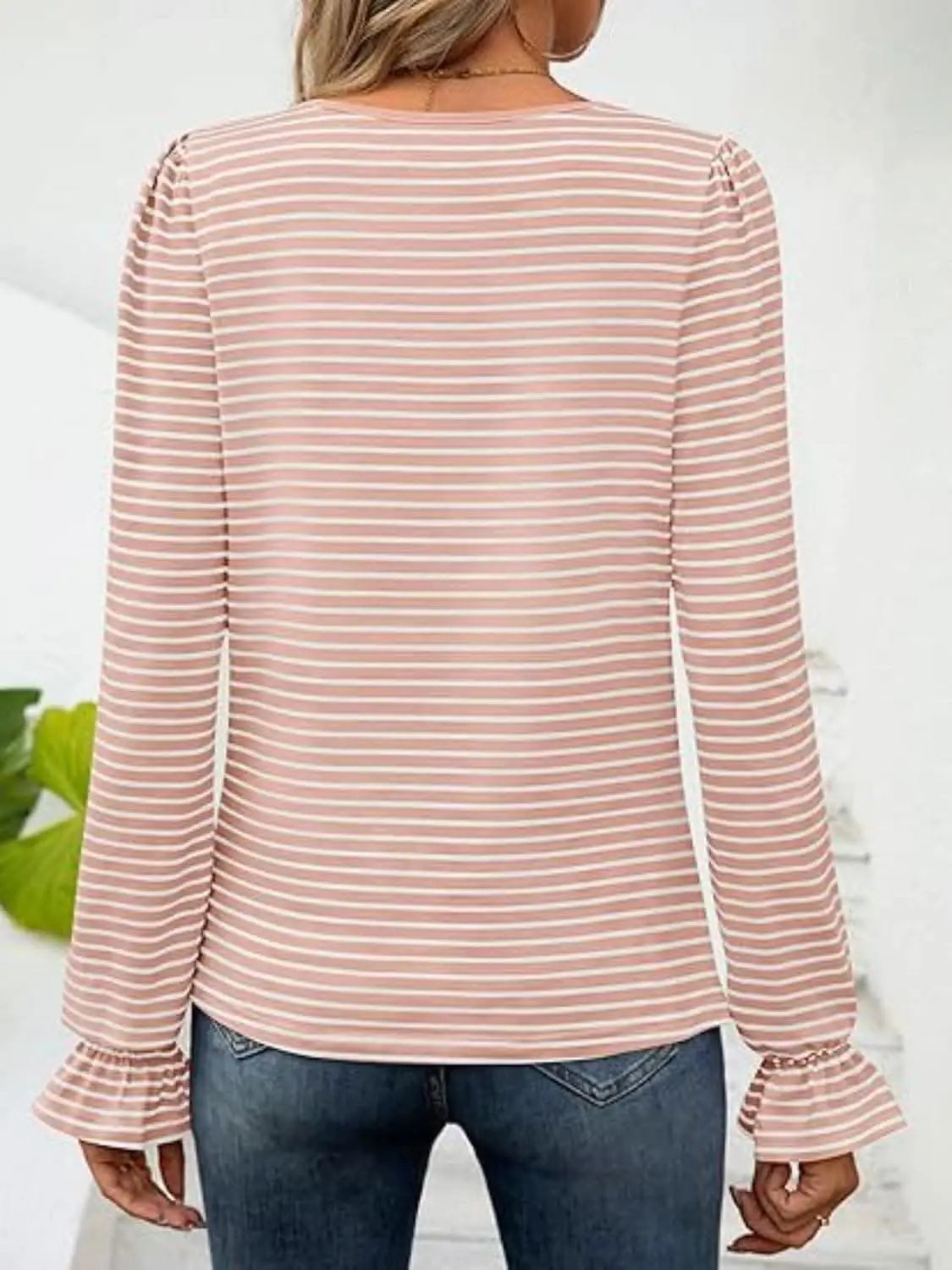 Top - Striped Flounce Sleeve - Chic Style